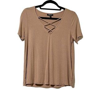 TOPSHOP women's size 4 tan criss cross strap v neck short sleeve top